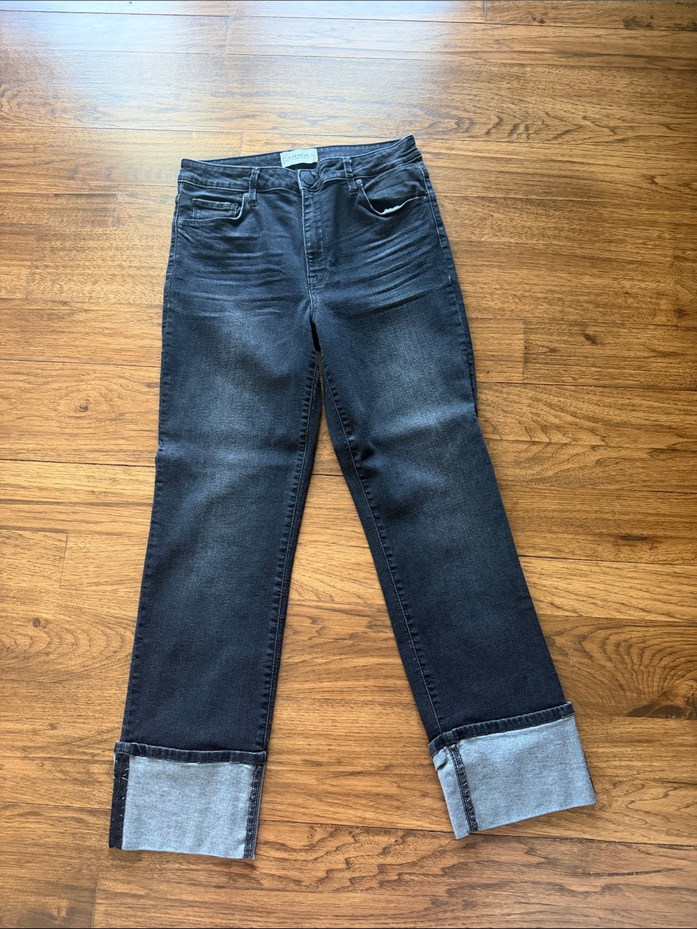 Evereve High-Rise Black Straight Leg Jeans with Rolled Cuff